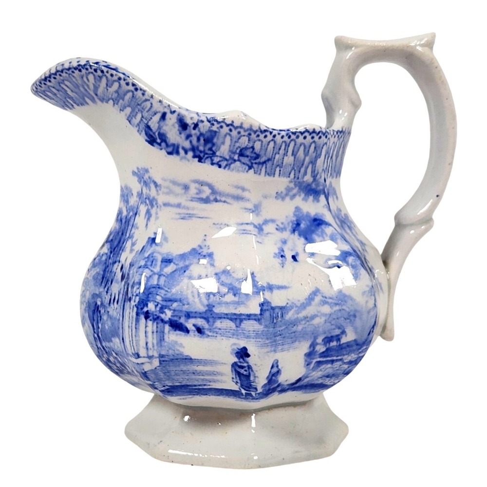 Antique Blue and White Transferware Creamer Mini Pitcher Landscape EUC!